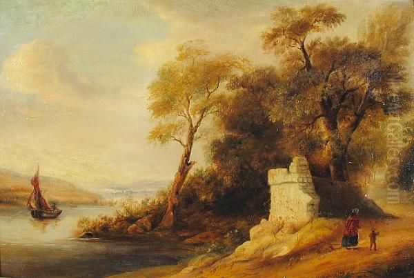 A River Landscape With A Mother And Child In The Foreground Oil Painting by Anthony Vandyke Copley Fielding