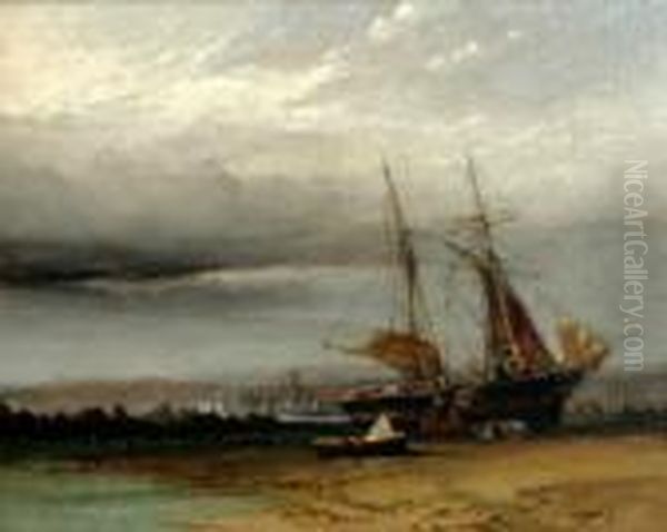 Unloading A Beached Vessel Before A City Oil Painting by Anthony Vandyke Copley Fielding