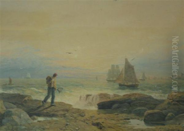 Rocky Beach With Fisherman,various Sailing Vessels In The Water Oil Painting by Anthony Vandyke Copley Fielding