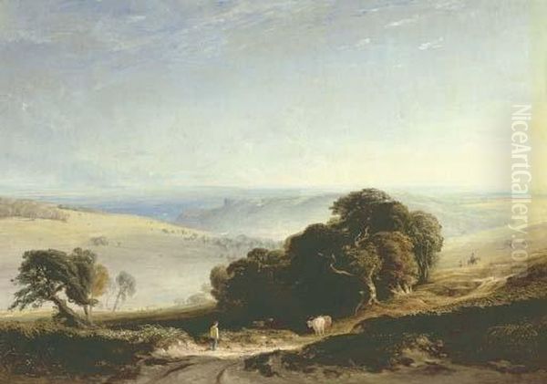 A View Of The South Downs With A Drover In The Foreground, Arundel Castle Beyond Oil Painting by Anthony Vandyke Copley Fielding