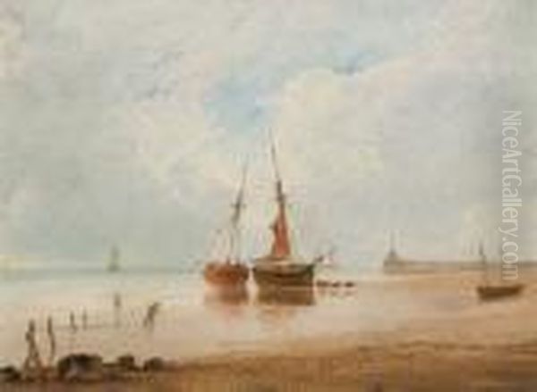 Beached Fishing Vessels At Low Tide Oil Painting by Anthony Vandyke Copley Fielding