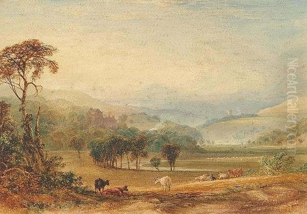 An Extensive River Landscape 
With Cattle Grazing In The Foreground, Sheep And Hills In The Distance Oil Painting by Anthony Vandyke Copley Fielding