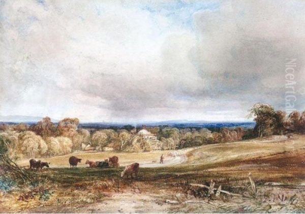 A Shepherd And His Flock On A Country Track, An Extensive View Beyond Oil Painting by Anthony Vandyke Copley Fielding