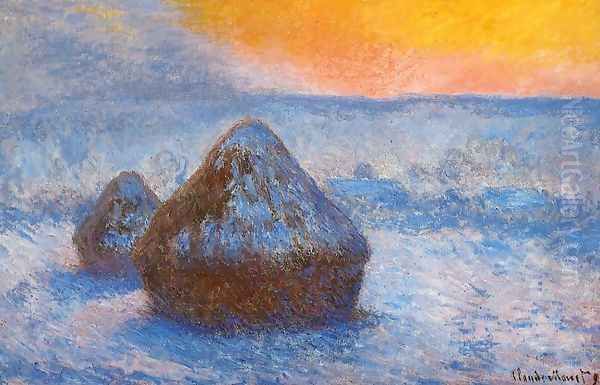 Grainstacks At Sunset Snow Effect Oil Painting by Claude Oscar Monet