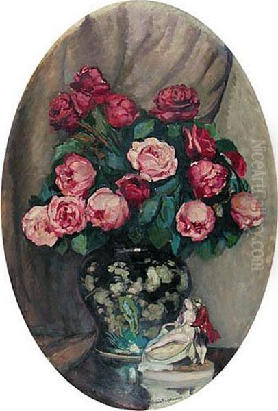 Martwa Natura Z Rozami I Porcelanowa Figurka 1923/24 R. Oil Painting by Stefan Filipkiewicz