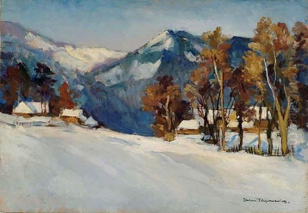 Zakopane W Sniegu Oil Painting by Stefan Filipkiewicz