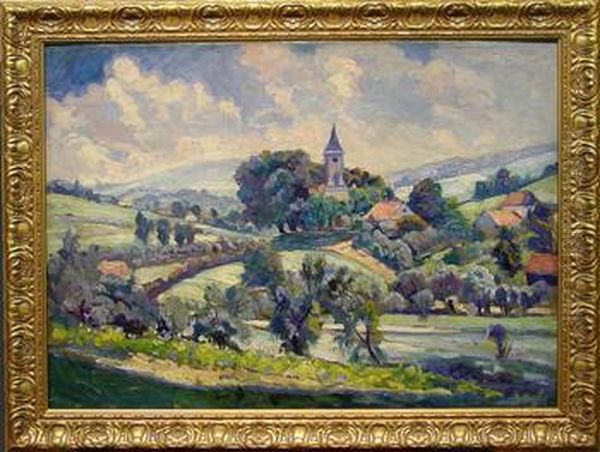 Village Landscape With Church Oil Painting by Stefan Filipkiewicz