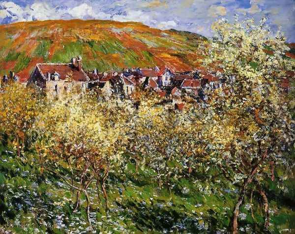 Plum Trees In Blossom At Vetheuil Oil Painting by Claude Oscar Monet