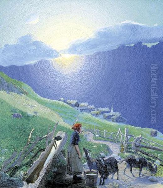 Hirtin Mit Ziegen Auf Der Alp Bei Aufgehender Sonne Oil Painting by Waldemar Fink