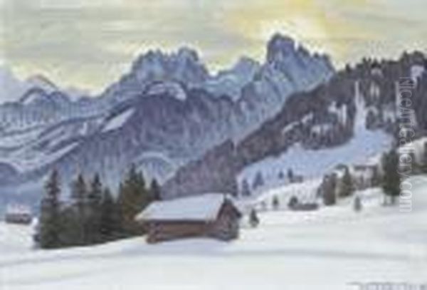 Gummfluh Und Rublihorn Von Schonried Bei Saanen Oil Painting by Waldemar Fink