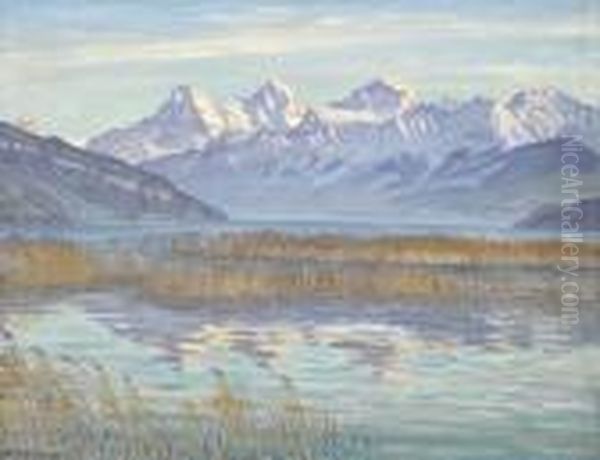 Uferpartie Am Thunersee Mit Berner Alpen Oil Painting by Waldemar Fink