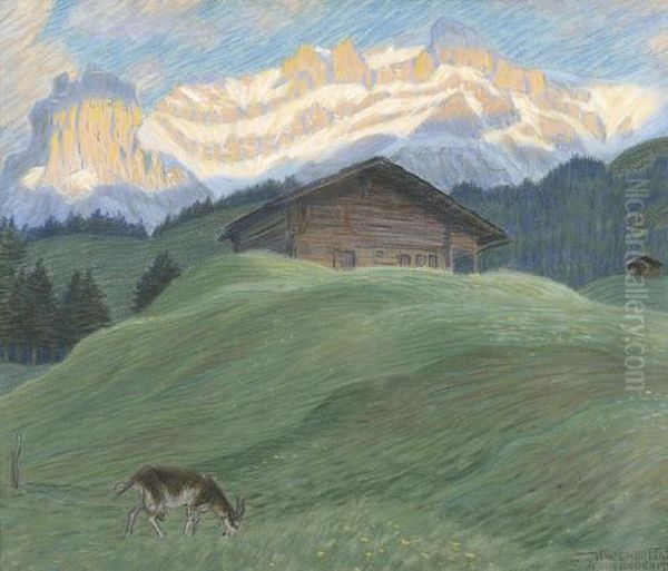 Gebirgspartie Mit Chalet Und Ziege Vor Dem Gross Lohner Oil Painting by Waldemar Fink