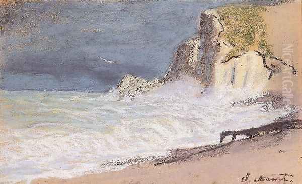 Etretat Amont Cliff Rough Weather Oil Painting by Claude Oscar Monet