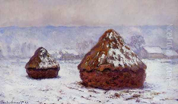 Grainstacks Snow Effect Oil Painting by Claude Oscar Monet