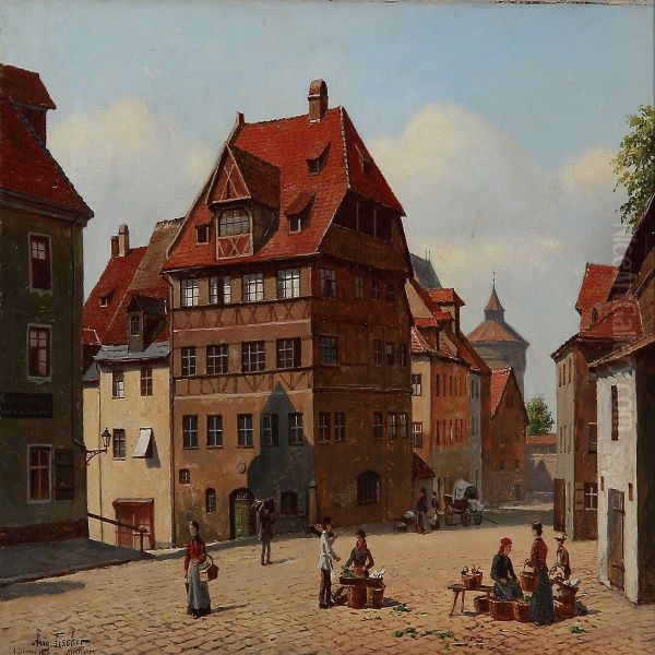 Street Scene From Nuremberg With Albrecht Durer's House On Tiergartnertorplatz Oil Painting by August Fischer