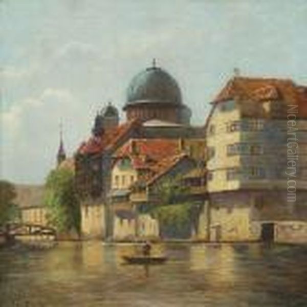 Scenery From N rnberg In Germany With Channel Oil Painting by August Fischer