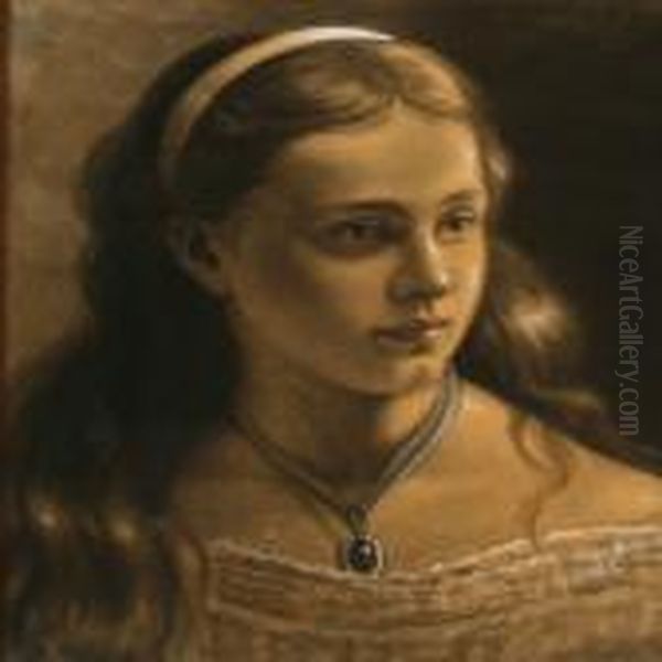 Portrait Of A Girl With Hair Band And Flowing Hair Oil Painting by August Fischer