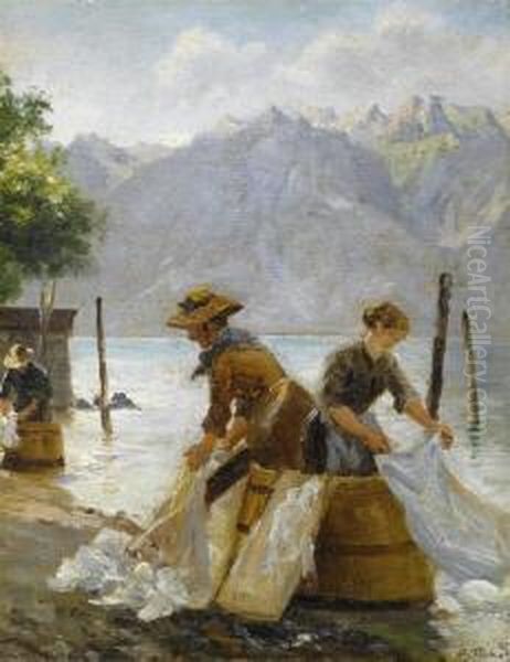 Washerwoman Near Vevey At Lake Geneva Oil Painting by August Fischer