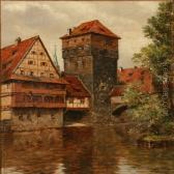 Canal Scene From Nuremberg In Germany Oil Painting by August Fischer