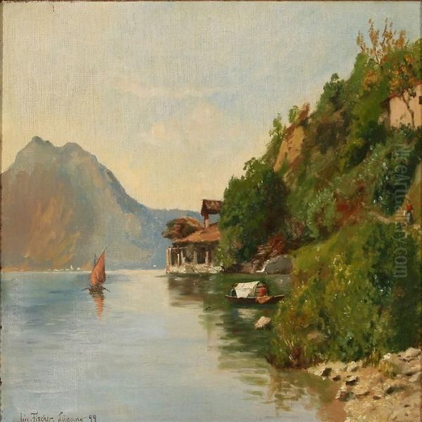 Summer Dagy At Lake Lugano, 
Switzerland Oil Painting by August Fischer