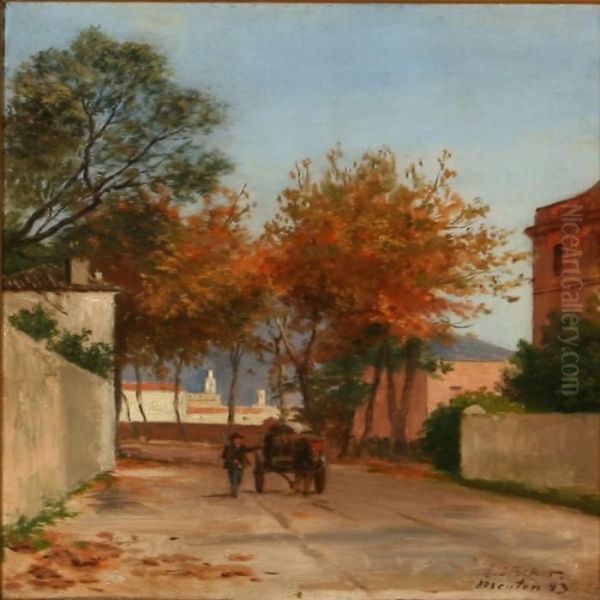 Street Scene From Menton In Southnern France Oil Painting by August Fischer