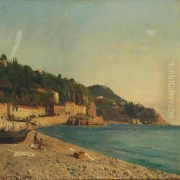 Coastal Scenery From Nice Oil Painting by August Fischer