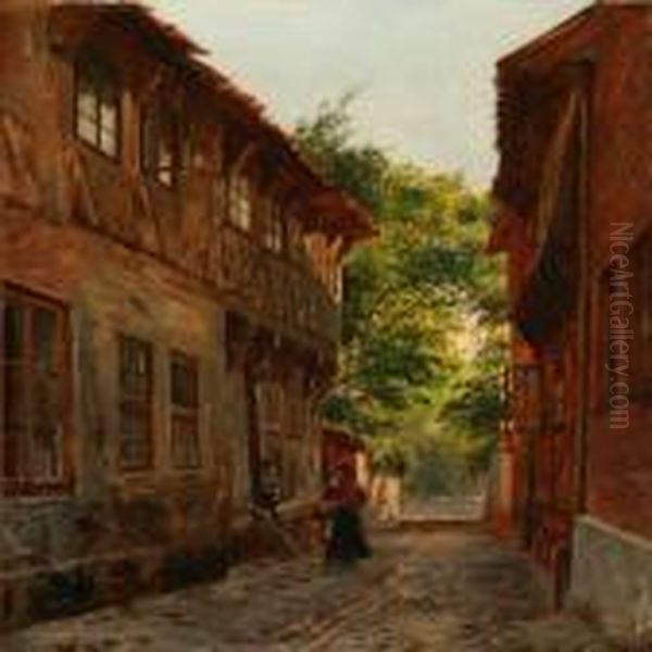 Scene From Ribe With A Woman And A Child On The Street Oil Painting by August Fischer