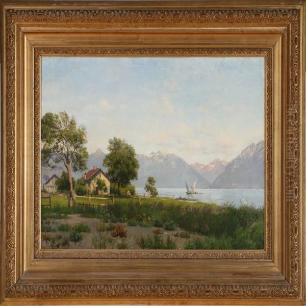 View From Lake Geneva, Switzerland Oil Painting by August Fischer