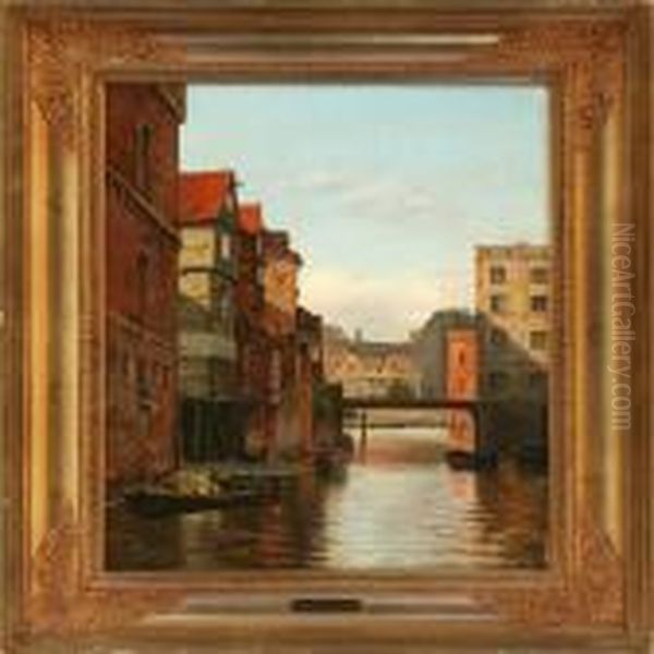 Canal Scene Fromnuremburg Oil Painting by August Fischer