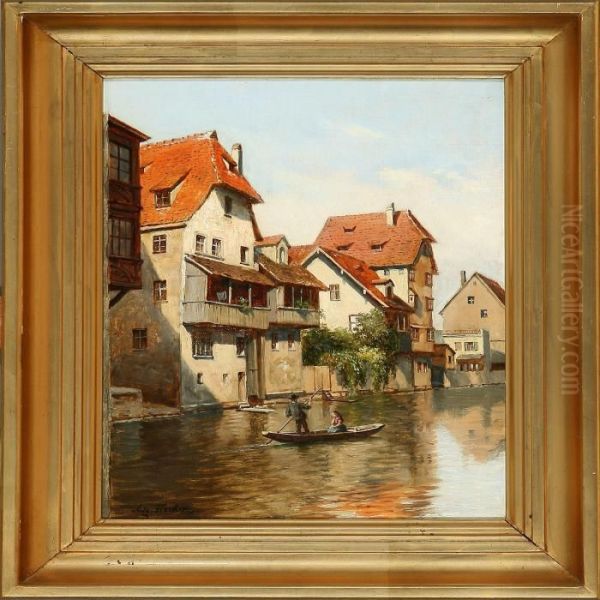 Kanalparti Vedregnitzfloden, Nurnberg Oil Painting by August Fischer