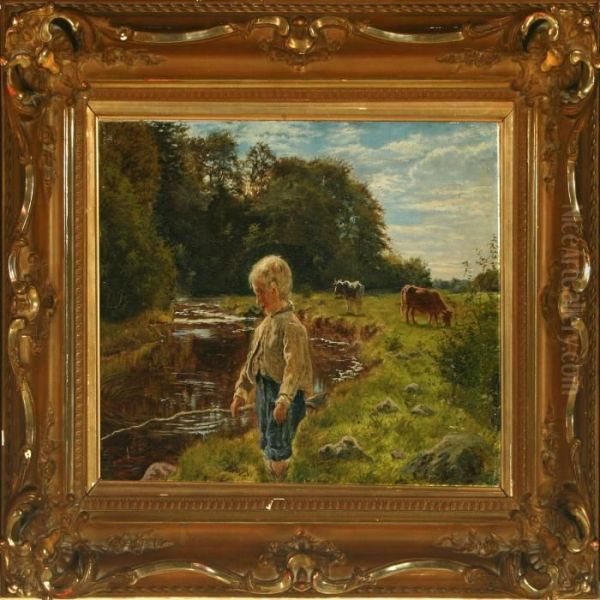 Fishing Boy Oil Painting by August Fischer