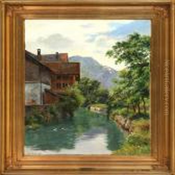 Canal Scene From Germany, Summer Oil Painting by August Fischer