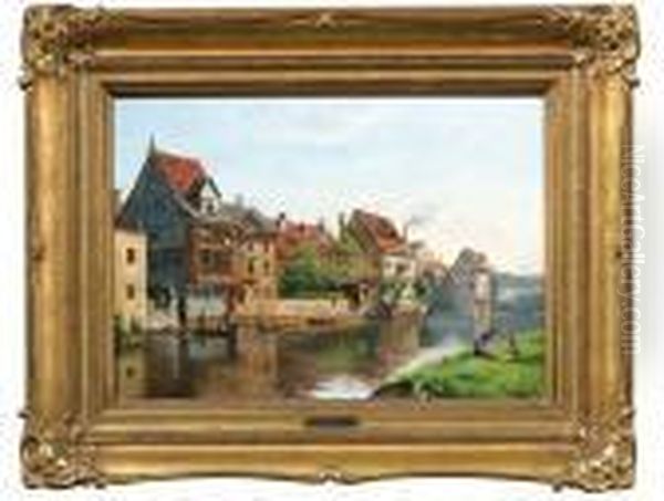 Nurnberg, Parthie An Der Pegnitz Oil Painting by August Fischer