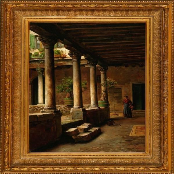 Venetian Woman In A Colonnade Oil Painting by August Fischer