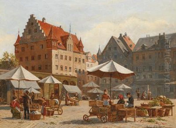 Markt In Nurnberg Oil Painting by August Fischer