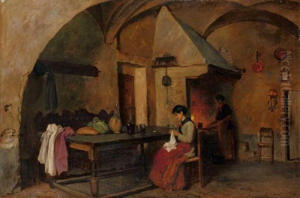 Interieur Mit Zwei Frauen Oil Painting by August Fischer