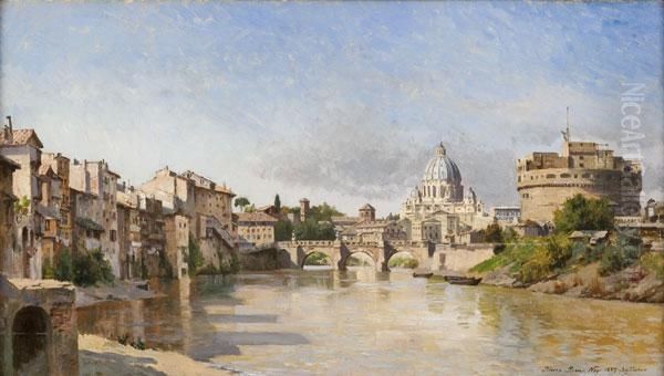 Veduta Del Tevere Con Castel Sant'angelo E La Basilica Di Sanpietro Oil Painting by August Fischer