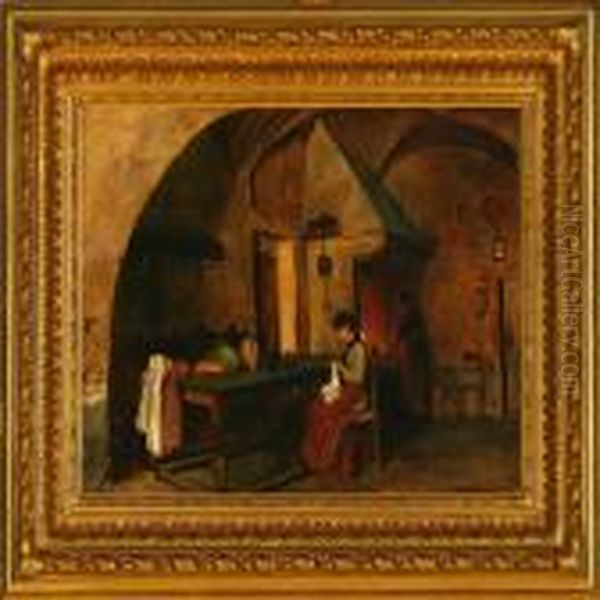 A Scullery Interior Oil Painting by August Fischer