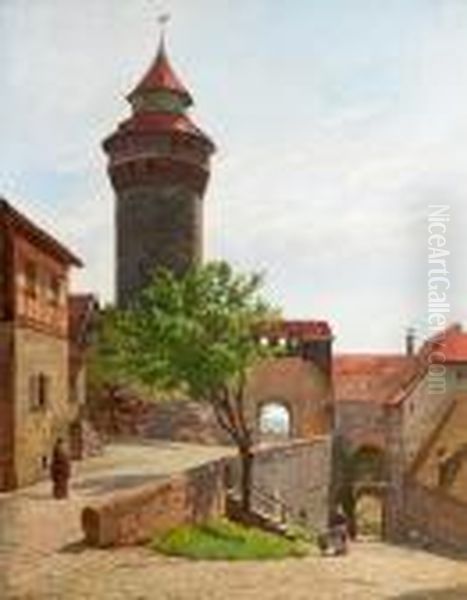 People In A South European Town Scenery With A Round Tower. Signed Aug. Fischer 99 Oil Painting by August Fischer