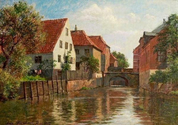 A Canal Scenery From The Town Of Ribe. Signed Aug. Fischer Oil Painting by August Fischer