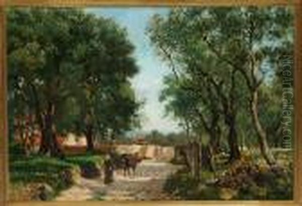 An Italian Country Woman Is Driving A Donkey Into A Grove Oil Painting by August Fischer