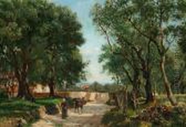 An Italian Country Woman Driving A Donkey Into A Grove Oil Painting by August Fischer