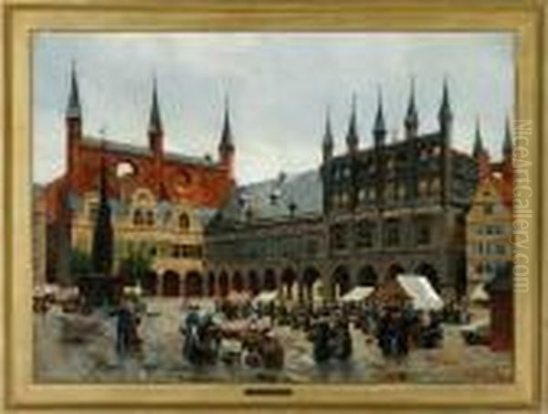 The Square In Lubeck Oil Painting by August Fischer