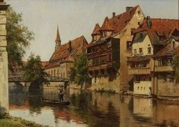 Nurnberg - Partie An Der
 Pegnitz. Oil Painting by August Fischer