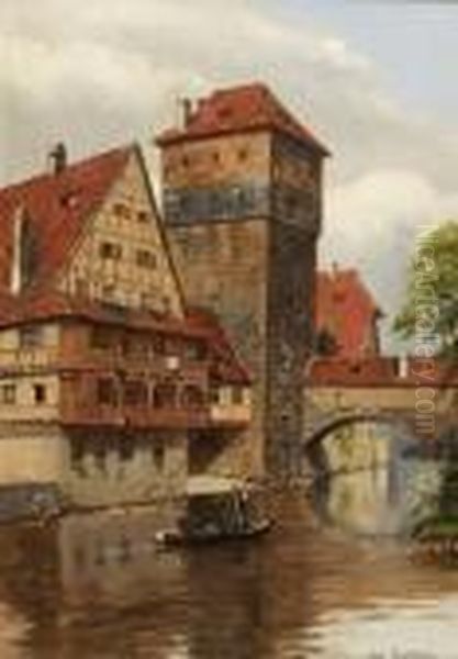 Blick Auf Den Henkersteg In
 Nurnberg. Oil Painting by August Fischer