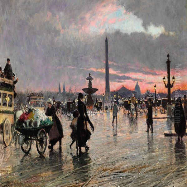 Street Life On Place De La Concorde In Paris Oil Painting by Paul-Gustave Fischer