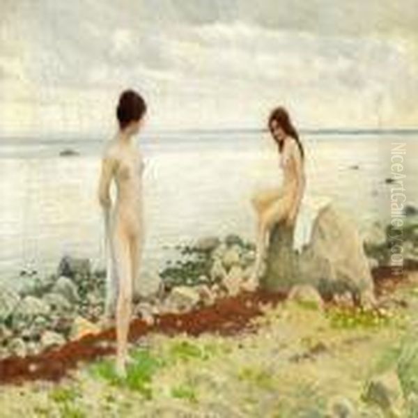 Two Girls On The Beach Oil Painting by Paul-Gustave Fischer