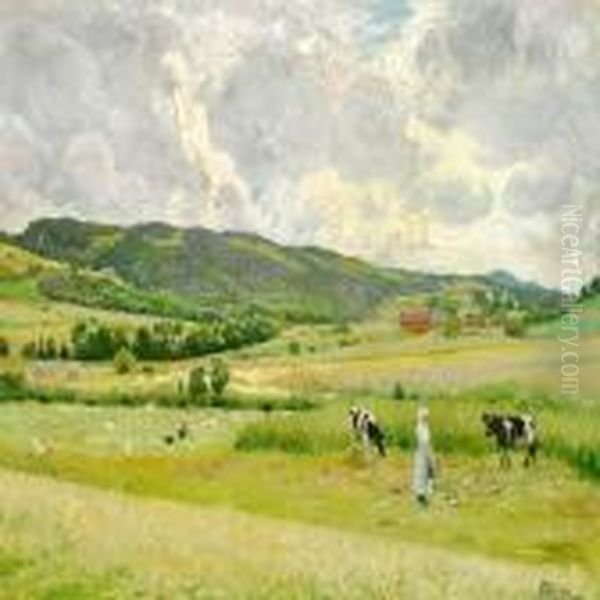 Green Fields Near Bastad In Sweden Oil Painting by Paul-Gustave Fischer