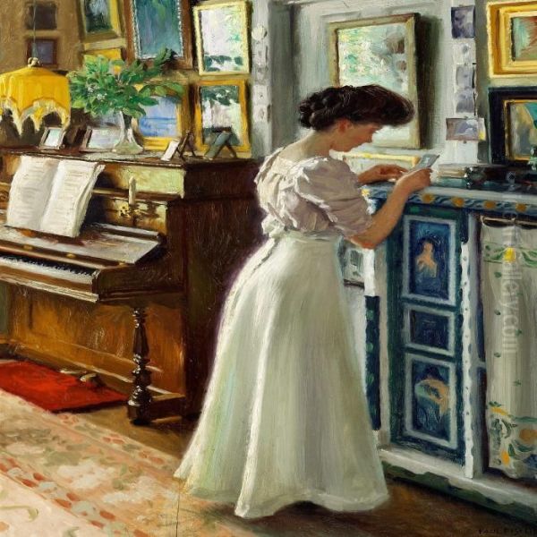 The Artist's Wife Dagny In The Living Room Oil Painting by Paul-Gustave Fischer