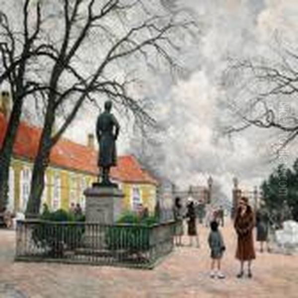 The Entrance To Frederiksberg Garden With The Statue Of King Frederik Vi Oil Painting by Paul-Gustave Fischer